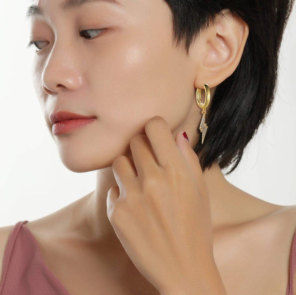 Huggie Hoop Earrings with Charm Cubic Zirconia Diamond Lightning - Trendolla Jewelry