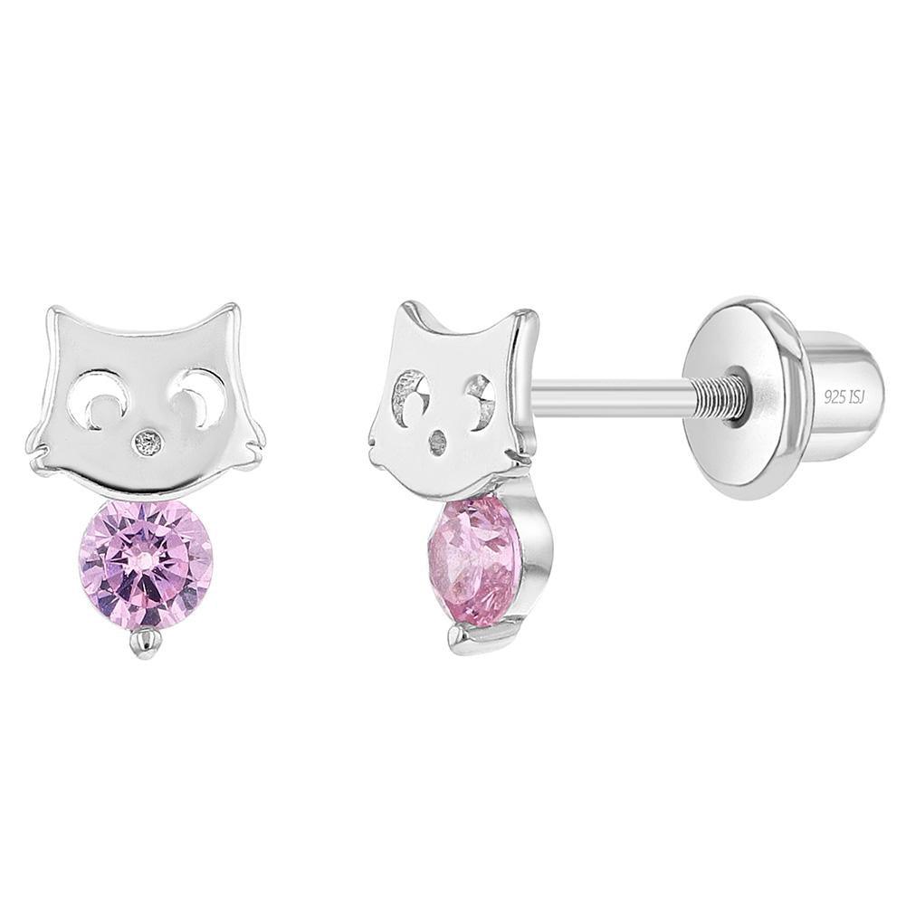Sterling Silver Kitty Cat Pink CZ Baby Children Screw Back Earrings - Trendolla Jewelry