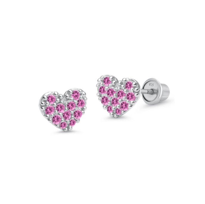 Sterling Silver Pink CZ Rimless Hearts Baby Children Screw Back Earrings - Trendolla Jewelry