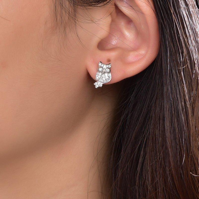 White Stone Stud Earrings Owl Earrings